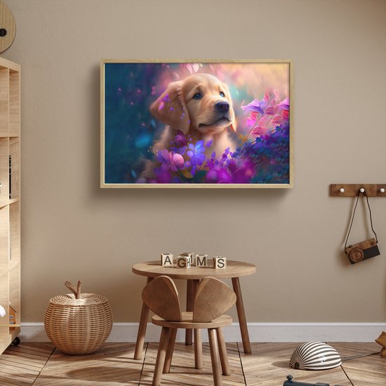 Nachtlampje 90x60 cm - Kinder lamp - Hond - Puppy - Zon - Bloemen - Golden retriever - Tafellamp kinderkamer draadloos - Slaapkamer lampje - Bedlamp kinderen - Kinderlampje - Wandlamp babykamer - Nachtlampjes van Merkloos — afbeelding 3