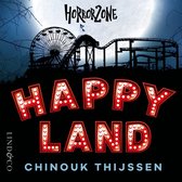 Boekomslag met de titel 'HAPPY LAND' in grote, verlichte letters en een griezelige kermis op de achtergrond.