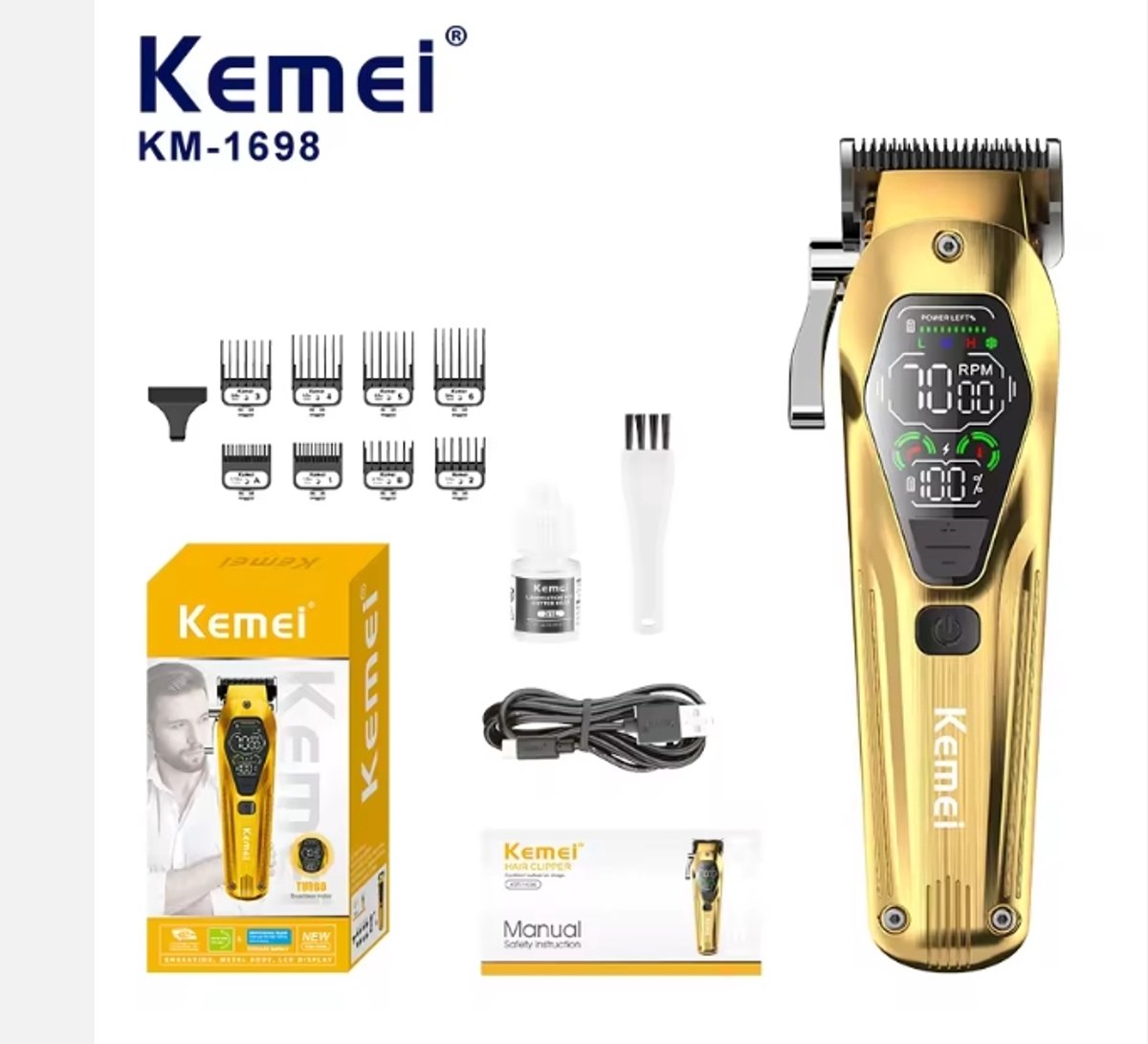 CLIPPER Kemei Km-1698 Poeder Metallurgie Mes 9000 Rpm Type-C Draadloze Draagbare Heren Haar Trimmer Elektrisch 1698
