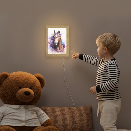 Nachtlampje 15x20 cm - Kinder lampje - Paard - Dieren - Meisjes - Paars - Bruin - Tafellamp kinderkamer - Slaapkamer lamp - Bedlamp kinderen - Kinderlampje stopcontact - Wandlamp babykamer - Nachtlampjes van Decopatent — afbeelding 5