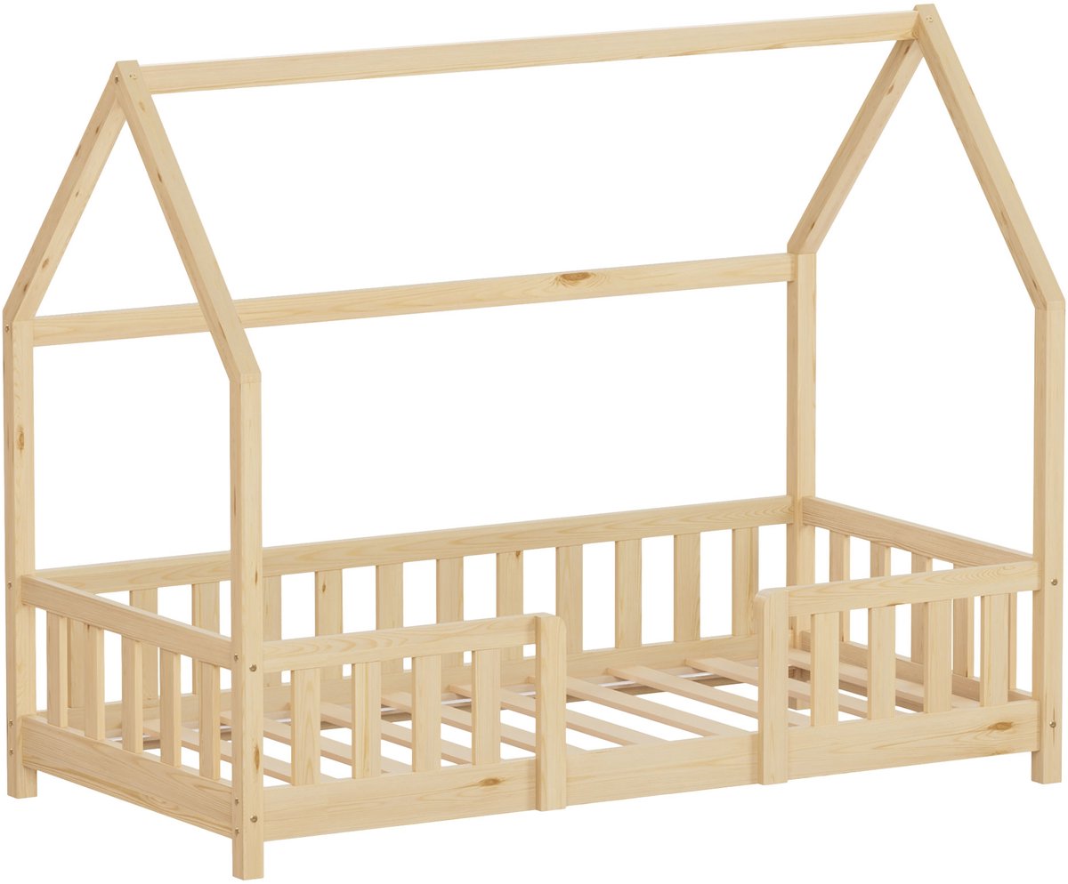 ml-design kinderbed montessori 80x160 cm met valbeveiliging houten huisbed voor meisjes en jongens massief grenenhout naturel dak lattenbodem duurzaam jeugdbed peuterbed juniorbed veilig en laag kinderbed slaapplaats kinderkamer bedframe Natuur