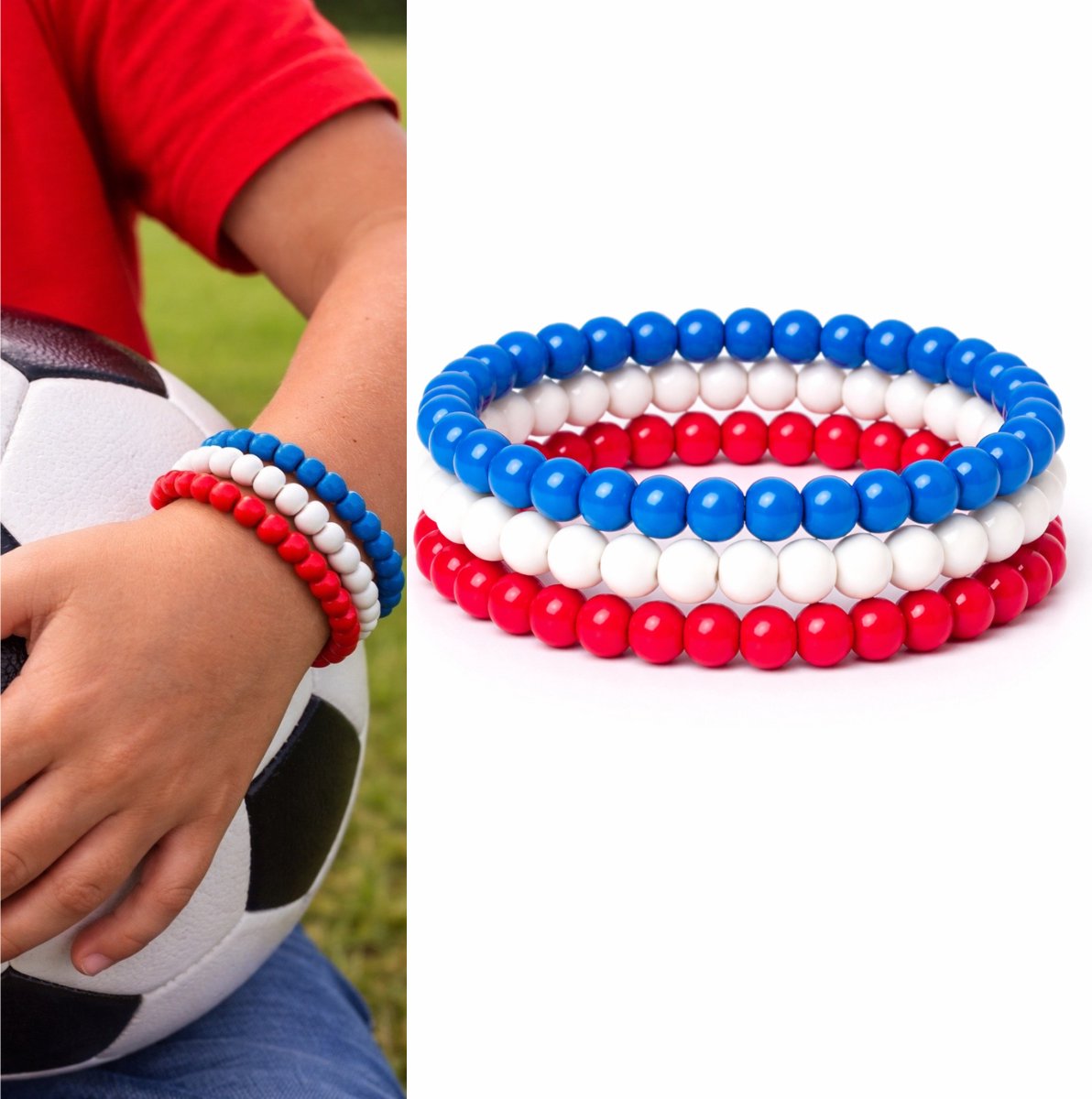 Elastische Houten Kralen Armbanden - 3 Stuks Rood Wit Blauw - WK 2026 - Maat 21 cm