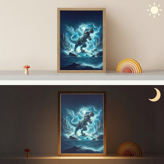 Nachtlampje 30x40 cm - Kinder lamp - Dino - Blauw - Jongens - Tafellamp kinderkamer draadloos - Slaapkamer lampje - Bedlamp kinderen - Kinderlampje - Wandlamp babykamer - Nachtlampjes van OnlyWow — afbeelding 4