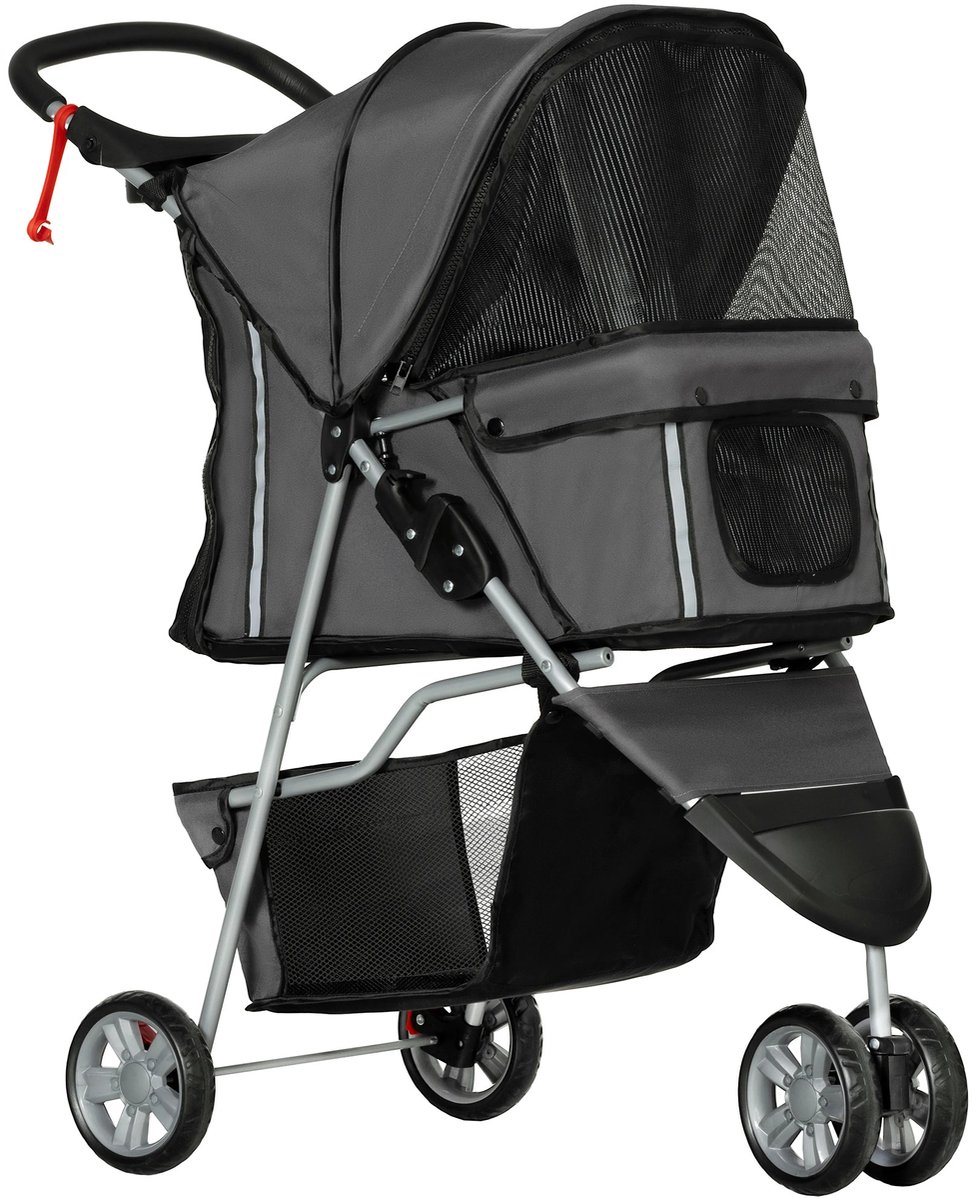 Archi Buggy – Trolley - Opvouwbaar – Voor Huisdieren Tot 10 kg – Gaasramen & Zonnedak – Bekerhouders – Donkergrijs – 75 × 45 × 97 cm