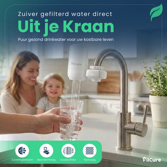Filcure kraanfilter zijaanzicht met draaiknop voor waterstand