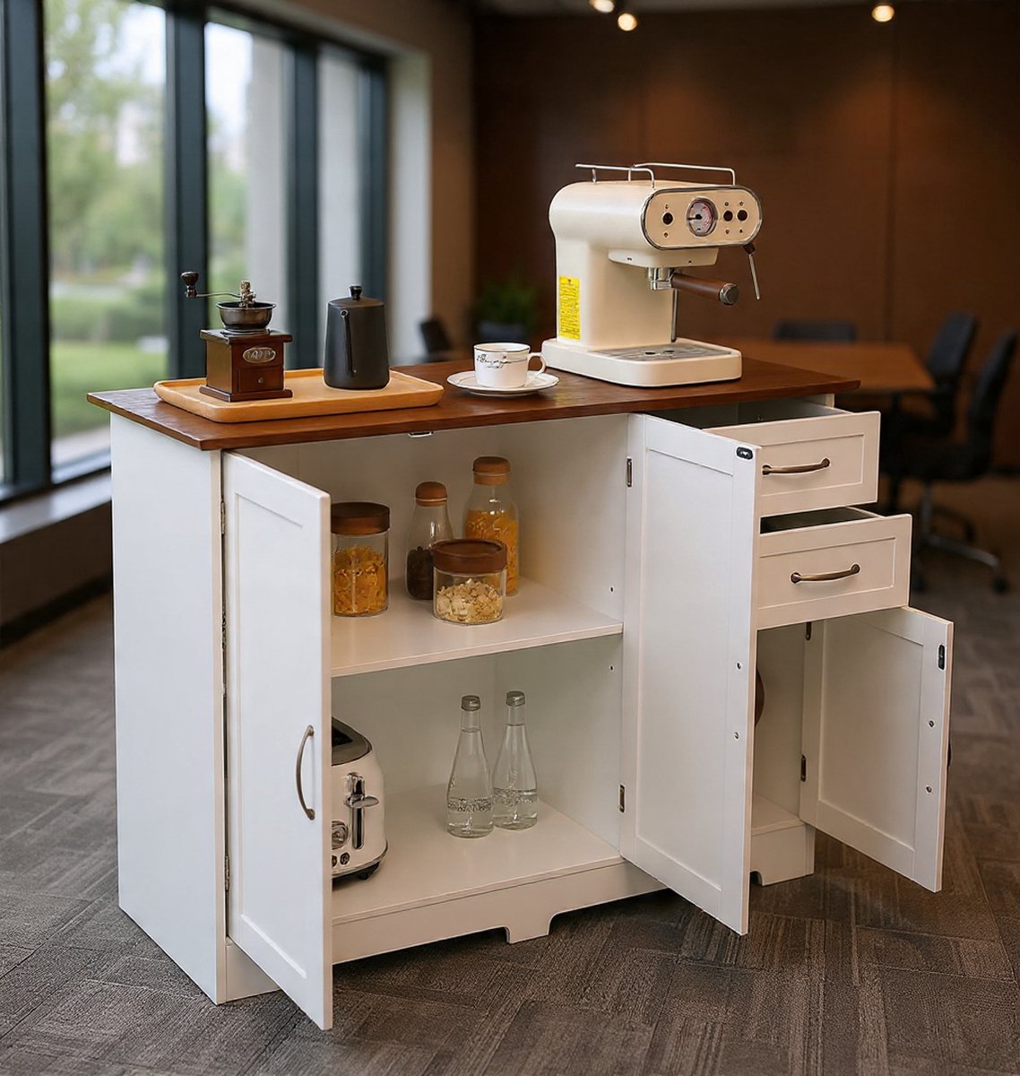 Keukencommode met werkblad, dressoir met deuren, laden en in hoogte verstelbare planken, dressoir voor keuken eetkamer opslag, 100 x 40 cm, wit-NoviHome