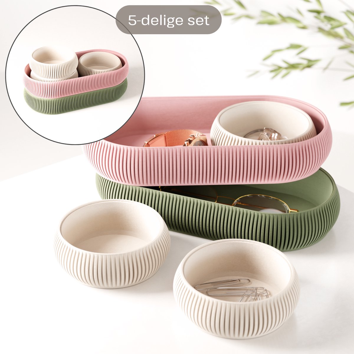 Fleuriek - Luxe catch-all trays set 5-delig - Multifunctionele opbergset voor paperclips, elastiekje, make-up en sleutels - Stapelbare organizers - Groen-Roze
