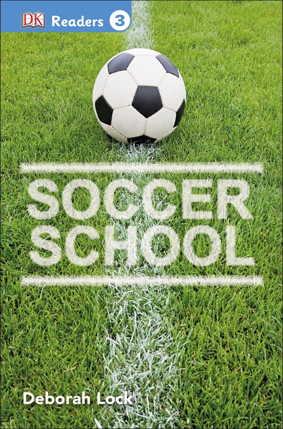 Voetbal op groen gras met "SOCCER SCHOOL" in witte letters, geschreven door Deborah Lock.