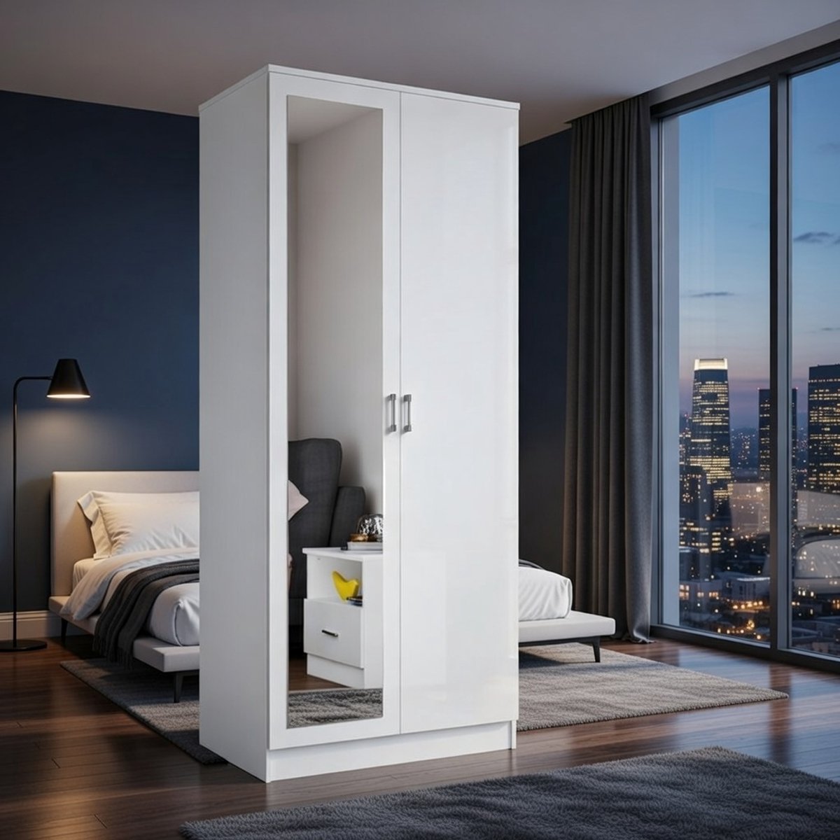 Moderne 2-Deurs Kledingkast met Spiegel – Compacte en Ruime Draaideurkast voor Slaapkamer of Kinderkamer – Wit – Novihome