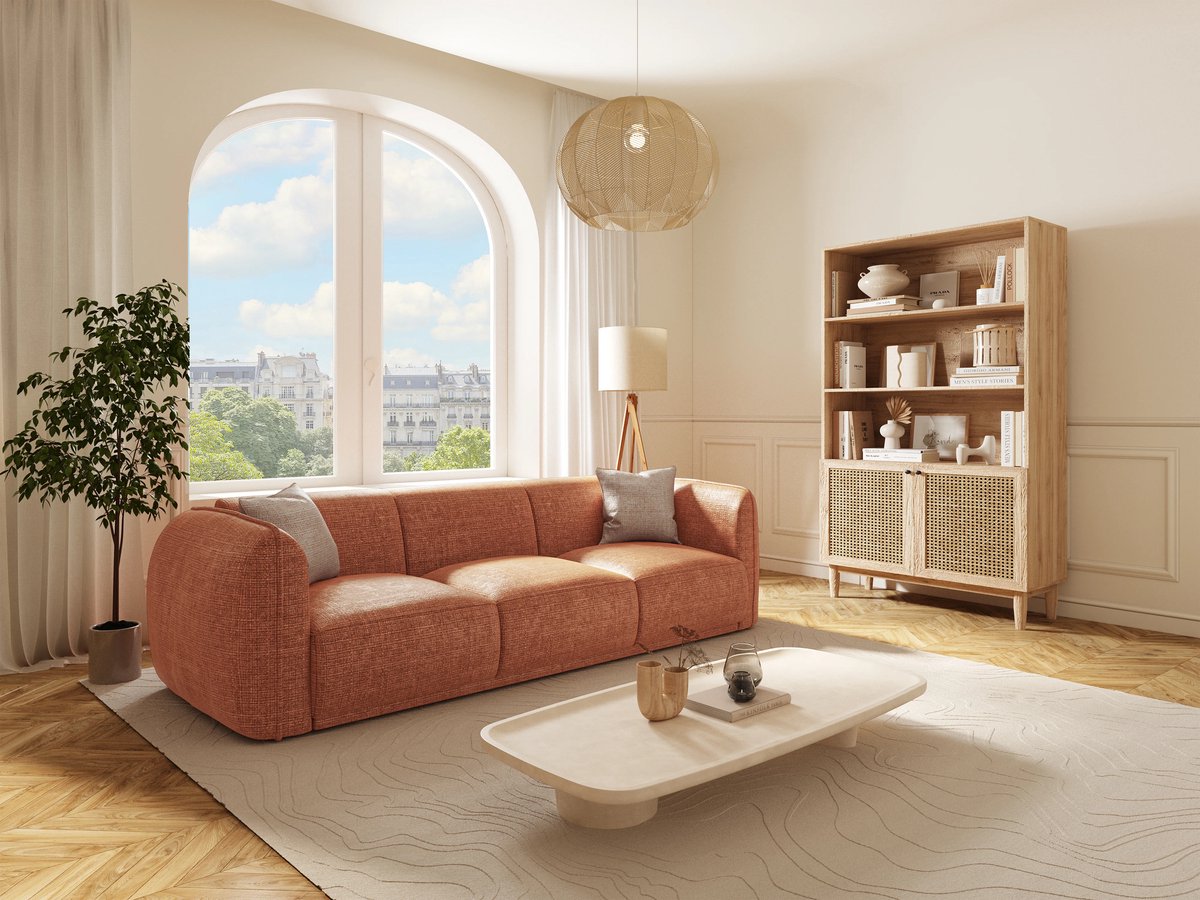 Driezitsbank 235 × 90 × 80 cm Terracotta Chenille Bank – Luxe Moderne Stoffen Sofa met Kussens en Hoogwaardig Zitcomfort – AURELIA Sofa – Bellavero