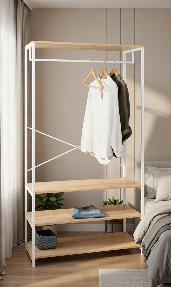 Ruime Industriële Kleerkast DETROIT – Brede Open Kast 100 cm – Houten en Metalen Design – Wit – Novihome