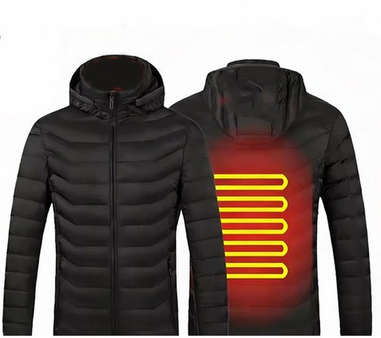 Zwarte jas met capuchon, de achterkant toont verwarmingsfilamenten in rood en geel.