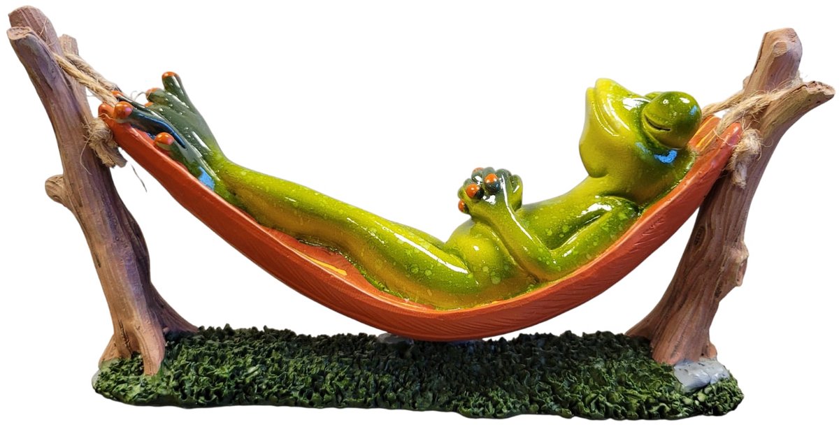 beeld kikker in hangmat na gedane arbeid - groen bruin oranje - polyresin - 20x5x10 cm