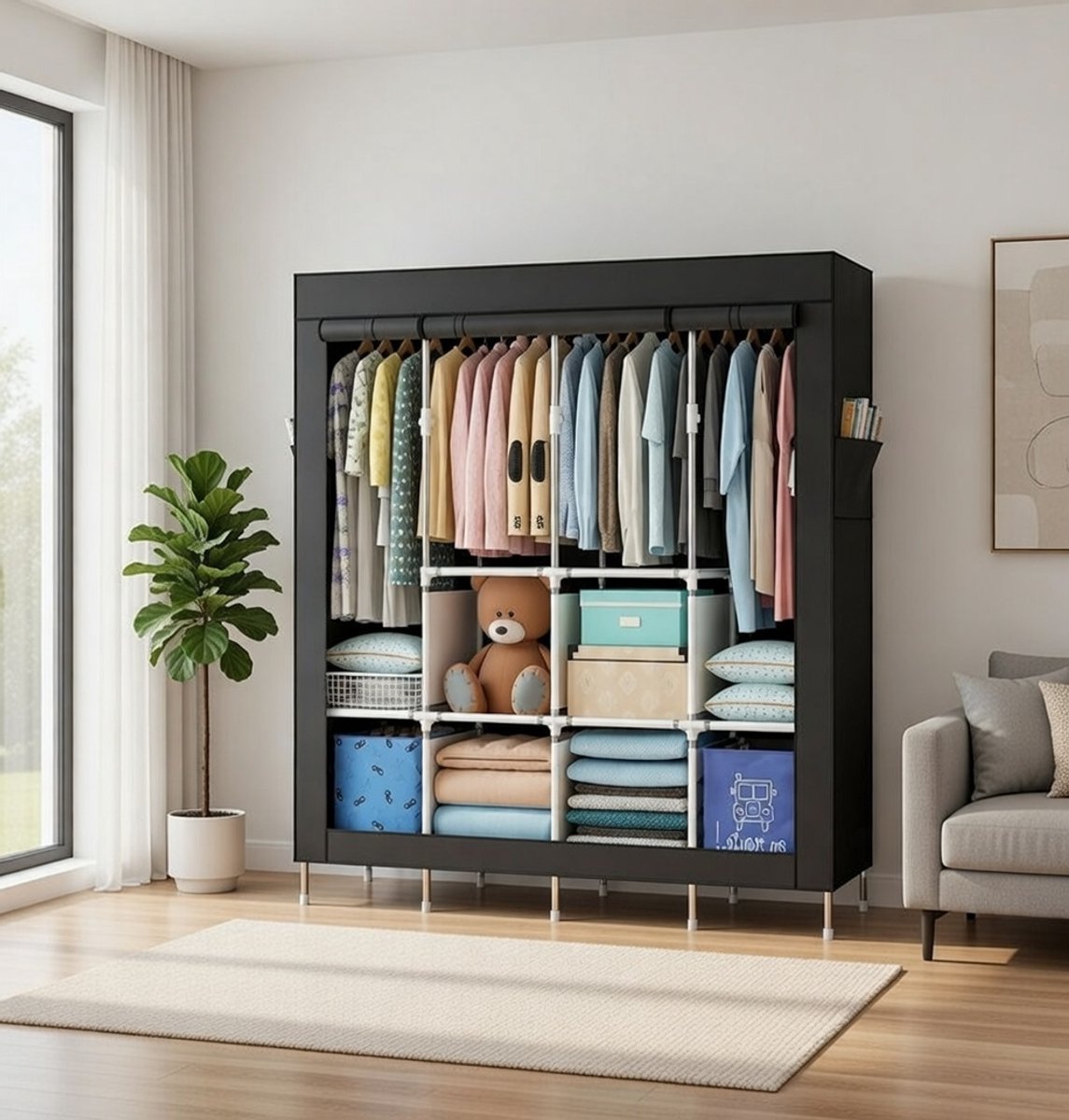 Draagbare Kledingkast Novihome – Vrijstaande Garderobe met Oxford Stoffen Overtrek, Kledingrek van Metaal, 10 Vakjes, Waterdichte Stof, 165x170x45 cm, Zwart – King Size Opbergkast voor Kleding, Speelgoed en Beddengoed
