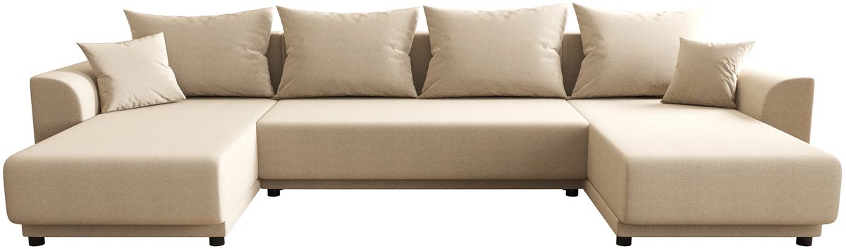 Hoekslaapbank 311x149x80 cm – Luxe XXL 5-Zits Uittrekbare Slaapbank met Opbergruimte & Kussens – Beige Polyester Comfort Slaapbank 272x131 cm Slaapoppervlak – Abkantoor