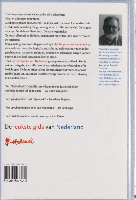 Achterkant boek "Het toppunt van Nederland" met recensies en auteur informatie.