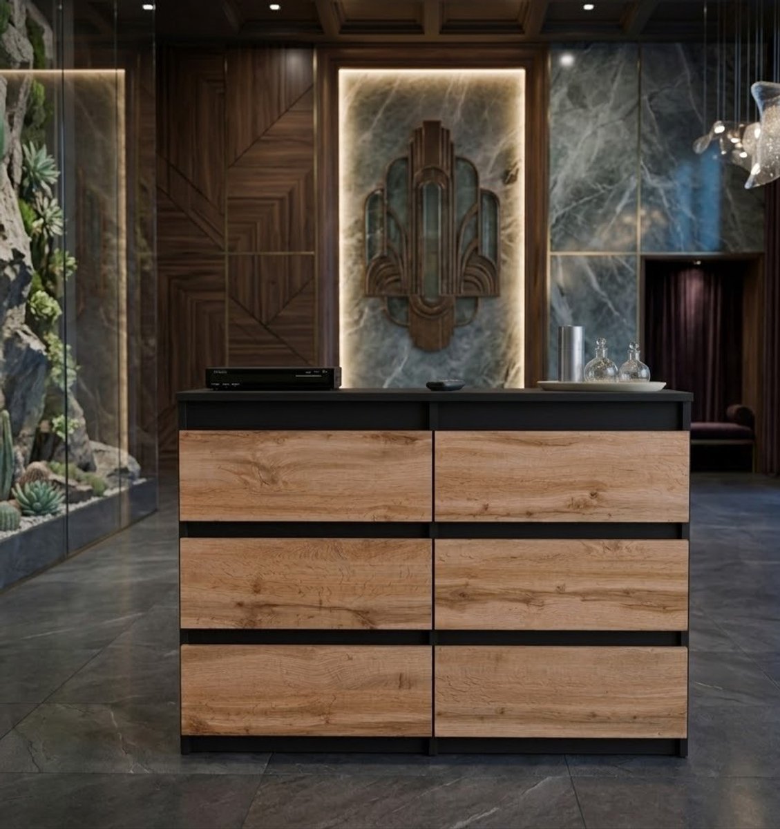 NovaLine Dressoir met 6 Lades – Smalle Commode 100x71,5x33,5 cm – Zwart Mat met Wotan Eiken Look – Houten Ladekast voor Slaapkamer, Hal & Woonkamer - Casa Serena