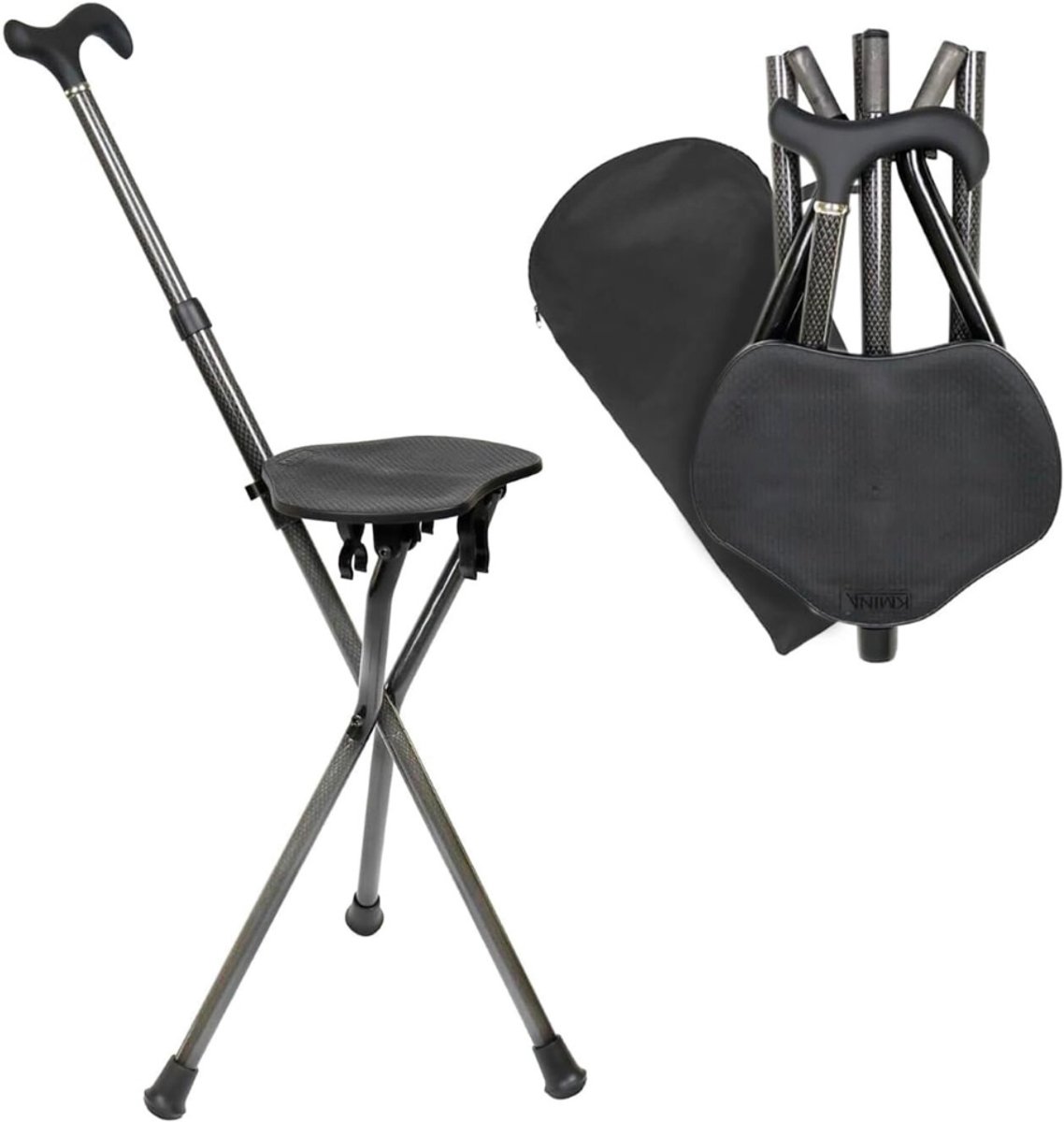 Nexvo® Opvouwbare wandelstok met zitje – in hoogte verstelbaar – driepoot wandelstok tot 90 kg – Zwart - 23cm x 23cm x 94cm