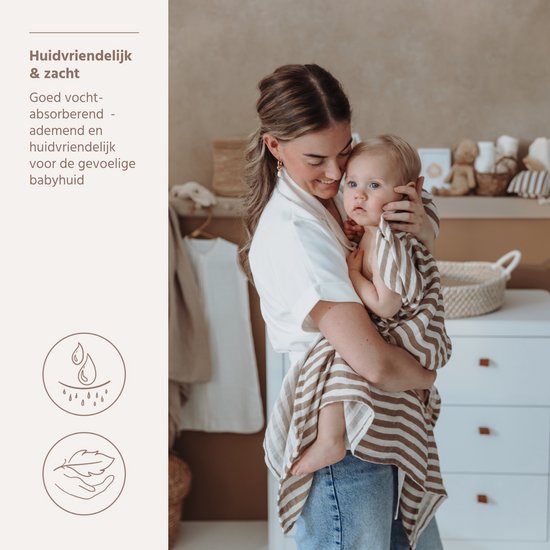 Meyco Baby Fat Stripe Swaddle - 2-pack - Pre-washed Hydrofiel - Taupe - 120x120cm — afbeelding 5