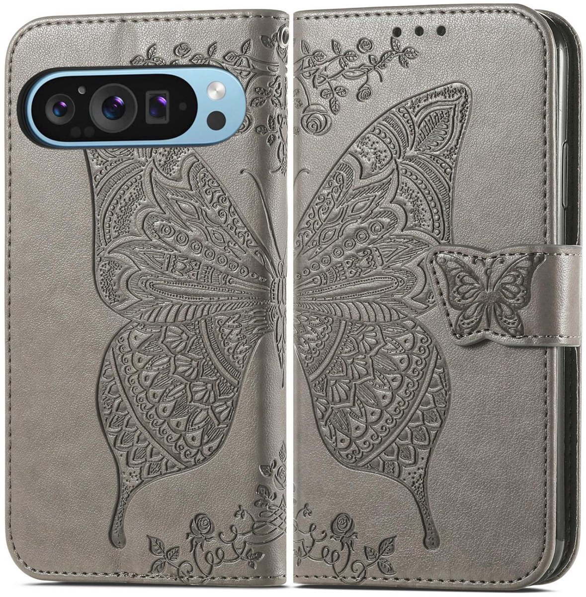 Mobigear Telefoonhoesje geschikt voor Google Pixel 10 Pro XL Hoesje | Mobigear Butterfly Bookcase Portemonnee | Pasjeshouder voor 3 Pasjes | Telefoonhoesje voor Pinpas / OV Kaart / Rijbewijs - Grijs