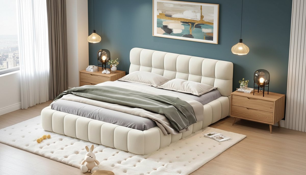 Gestoffeerd tweepersoonsbed 140x200 cm – Casa Velluto LoungeBed met zachte rugleuning, verzonken matrasdesign, lattenbodem en modern jeugdbed – linnen beige, vlakbed zonder matras