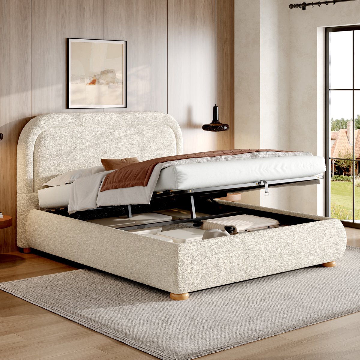 Gestoffeerd bed 140x190 cm - tweepersoonsbed - met lattenbodem - hydraulisch verstelbaar - met opbergruimte - beige - zonder matras
