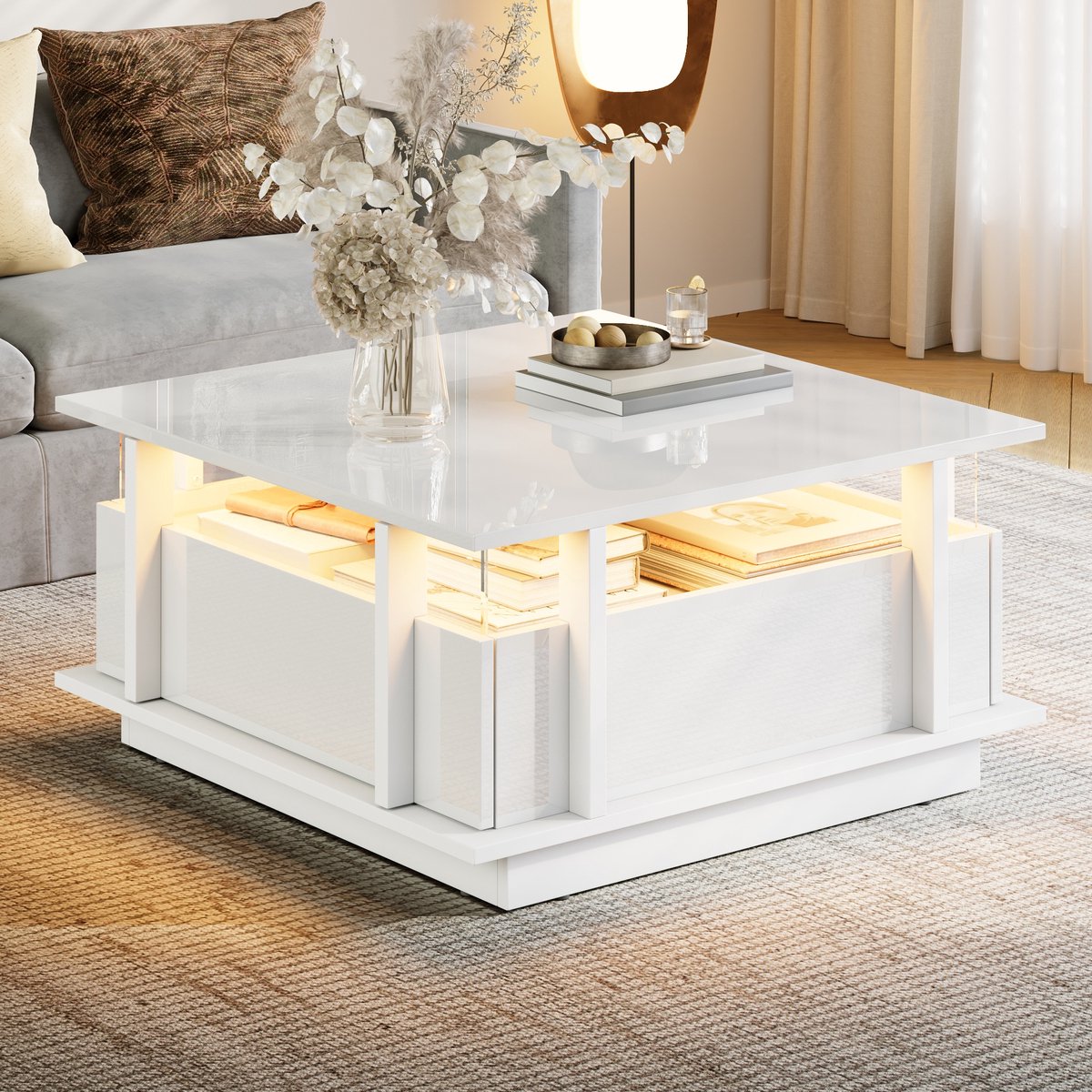 PHOEBE CAT Salontafel - Hoogglans - 2 lades - LED-verlichting - Acryl planken - 70 x 70 x 35 cm - Wit