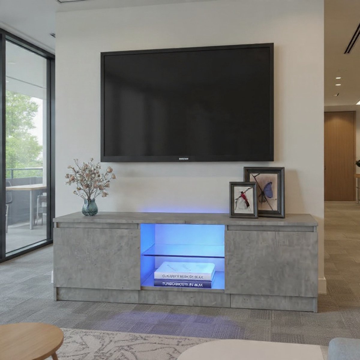 Modern LED Lowboard met Betonlook en Glazen Planken – TV-meubel voor TV’s tot 50 inch – RGB-verlichting, Hout en Veiligheidsglas – Woonkamer Meubel, Grijs, 120 x 30 x 36 cm novihome