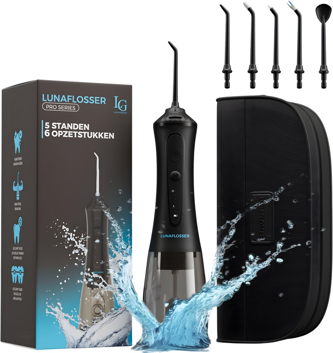 LunaGood® Waterflosser - 5 Standen - 6 Opzetstukken - Incl. Reisetui - Zwart