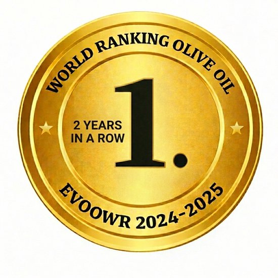Gouden medaille met de tekst "WORLD RANKING OLIVE OIL 1. 2 YEARS IN A ROW EVOOWR 2024-2025".