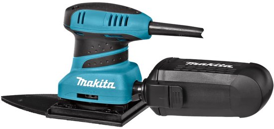 Turquoise en zwarte Makita schuurmachine met batterij en delta schuurzool.