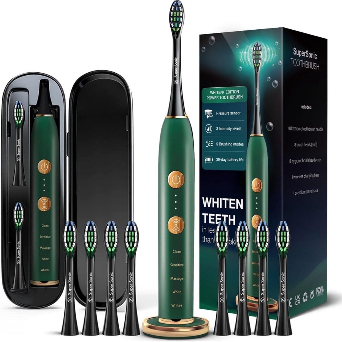 WHITEN+ Edition. Slimme elektrische tandenborstel met druksensor - 5 poetsmodi en 3 intensiteitsniveaus - 8 zachte nrush-hoofden - premium reiskoffer - (Green)