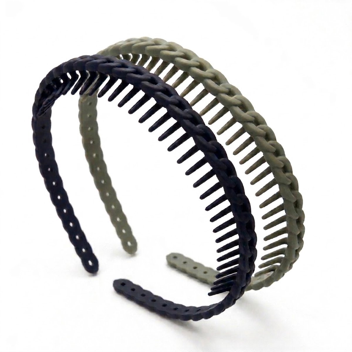 Set van 2 gevlochten haarbanden met tanden – zwart en olijfgroen – antislip en comfortabel