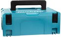 Turquoise Makita opbergkoffer met zwarte handgreep en witte logo's.