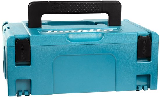 Turquoise Makita opbergkoffer met zwarte handgreep en witte logo's.