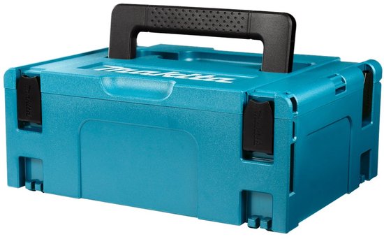 Turquoise Makita opbergkoffer met wit logo en zwart handvat.