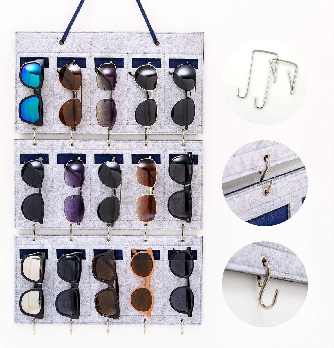 Zonnebril Organizer met 15 Slots - Afneembare Vilt Muur Pocket Hanger voor Sleutels (Grijs)