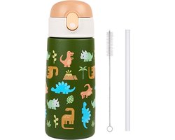 Pure Luv RVS Drinkfles met rietje - DinoSip - Drinkbeker - Groen - 500ml - Roestvrijstaal - Voor Kinderen - Inclusief Schoonmaakborstel - Kind- Peuter - BPA vrij - Peuterfles - Schoolfles - Schoolreisje - Vakantiefles