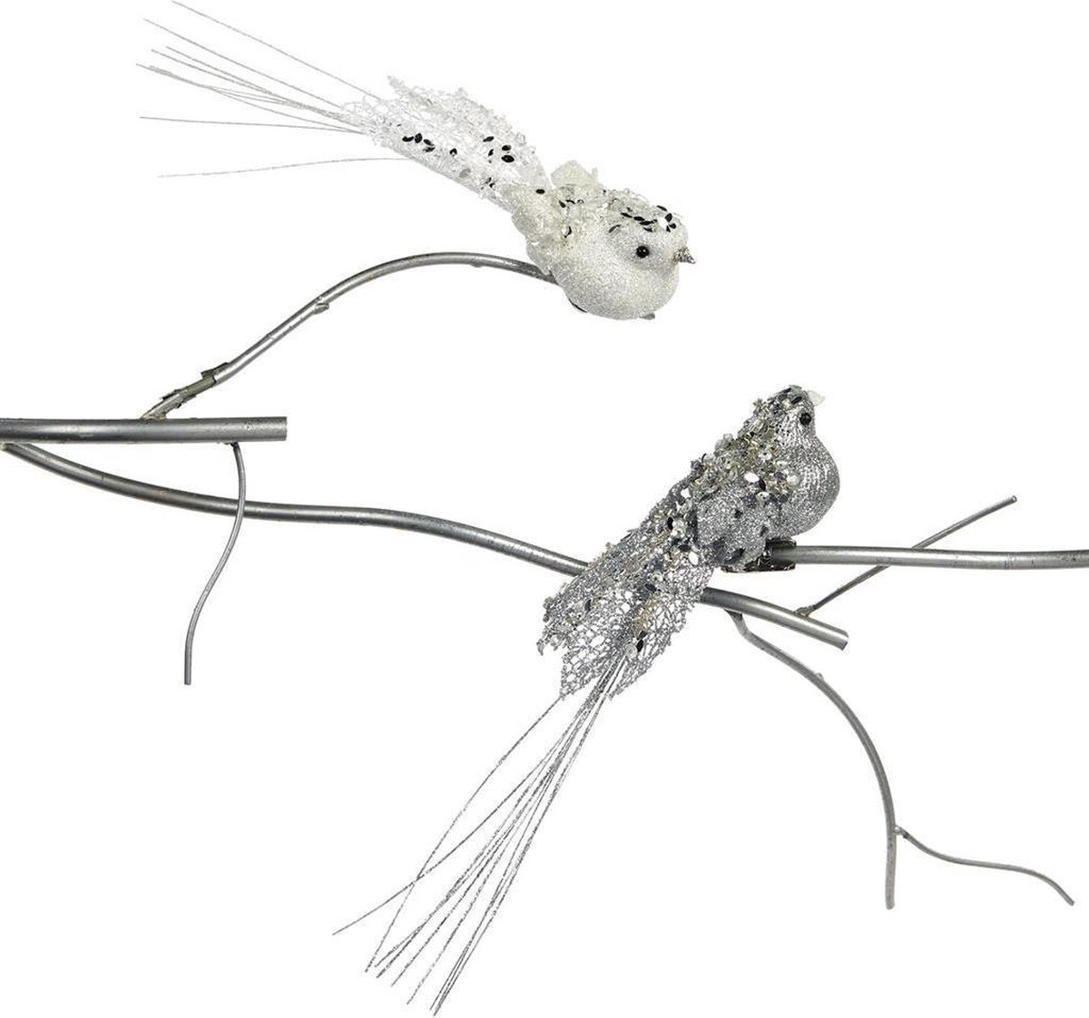 Goodwill Kerstbal-Vogel op klip Wit-Zilver Lengte 23 cm Voordeelaanbod assortiment van 2 stuks