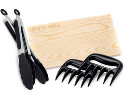 Kyto BBQ Grill Accessoires Set 3-delig – Pulled Pork Klauwen, Grilltang Set 2-delig (34/27 cm) & Cederhouten Grillplank 30x15 cm – BBQ Meat Claws, RVS Grilltang & Rookplank voor Vis, Vlees & Groenten