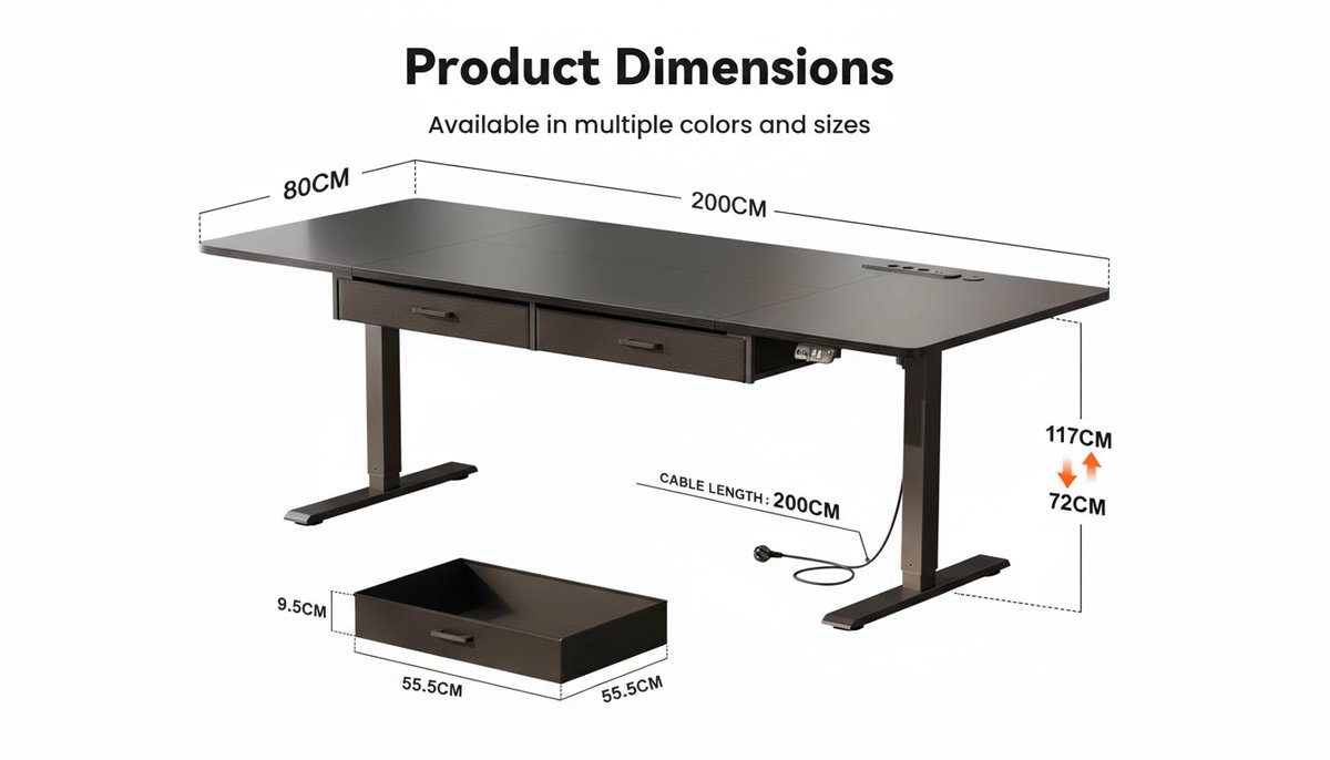 Electric Desk Casa Velluto ErgoMaster 200x80 cm – Zit Sta Bureau Elektrisch, In Hoogte Verstelbaar met 2 Geheugenfuncties, 2 Afneembare Laden, Ingebouwd Stopcontact & USB-C, Zwart – Ergonomisch Kantoorbureau