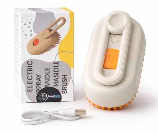 Beige elektrische borstel met oranje massagekop, naast de verpakking met de tekst 'ELECTRIC SPRAY HANDLE MASIDLE BRUSH'.