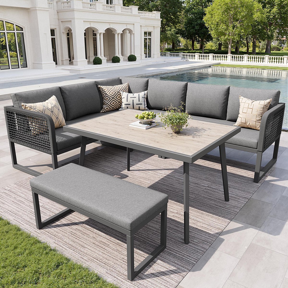 BLACKCOLORS - Handgeweven PE-rotan tuinset voor 6-8 personen - Met zit- en rugkussens - Weerbestendig - Grijs