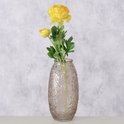 Bruin-beige glazen vaas met een ruw, bobbelig oppervlak, gevuld met een gele bloem en knoppen, tegen een grijze achtergrond.