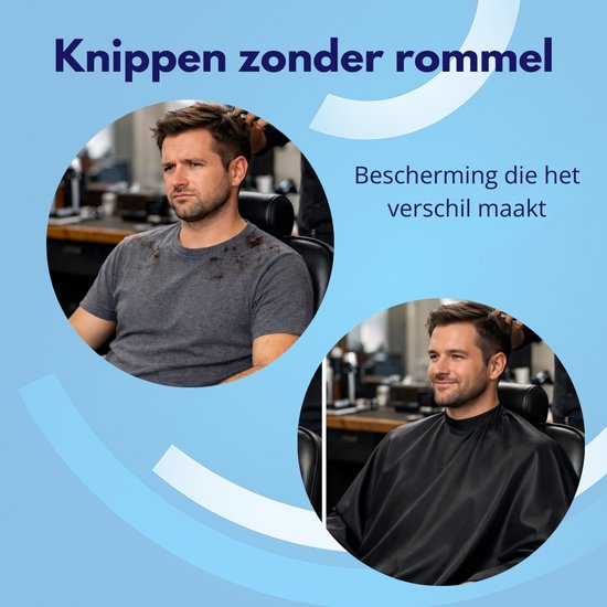 Man met rommelige kleding na knippen, en dezelfde man beschermd met een zwarte kapperscape.