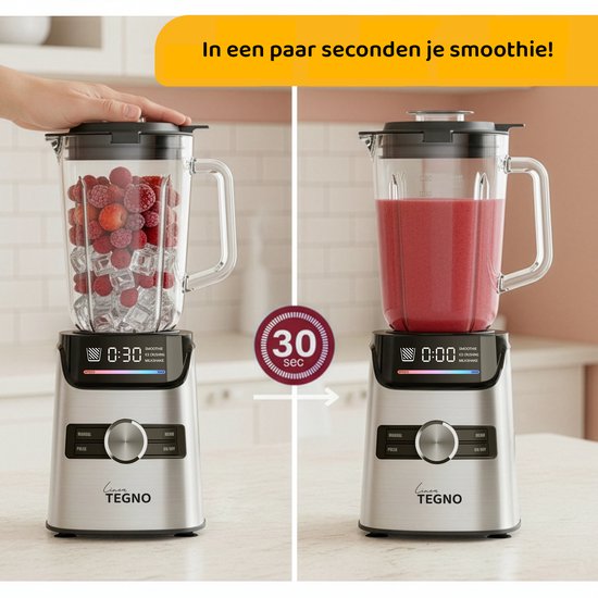 Linea Tegno Power Blender PRO-BL2030 - Professionele Smoothies & Shakes maker - 1400W - 1.7L Glazen beker, LED-kleurendisplay- met extra 250ML koffiemaler - Krachtig, stil en eenvoudig reinigen. van Merkloos — afbeelding 4