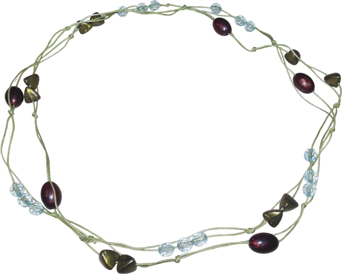 Ketting groen met kralen bordeaux rood-transparant-groen