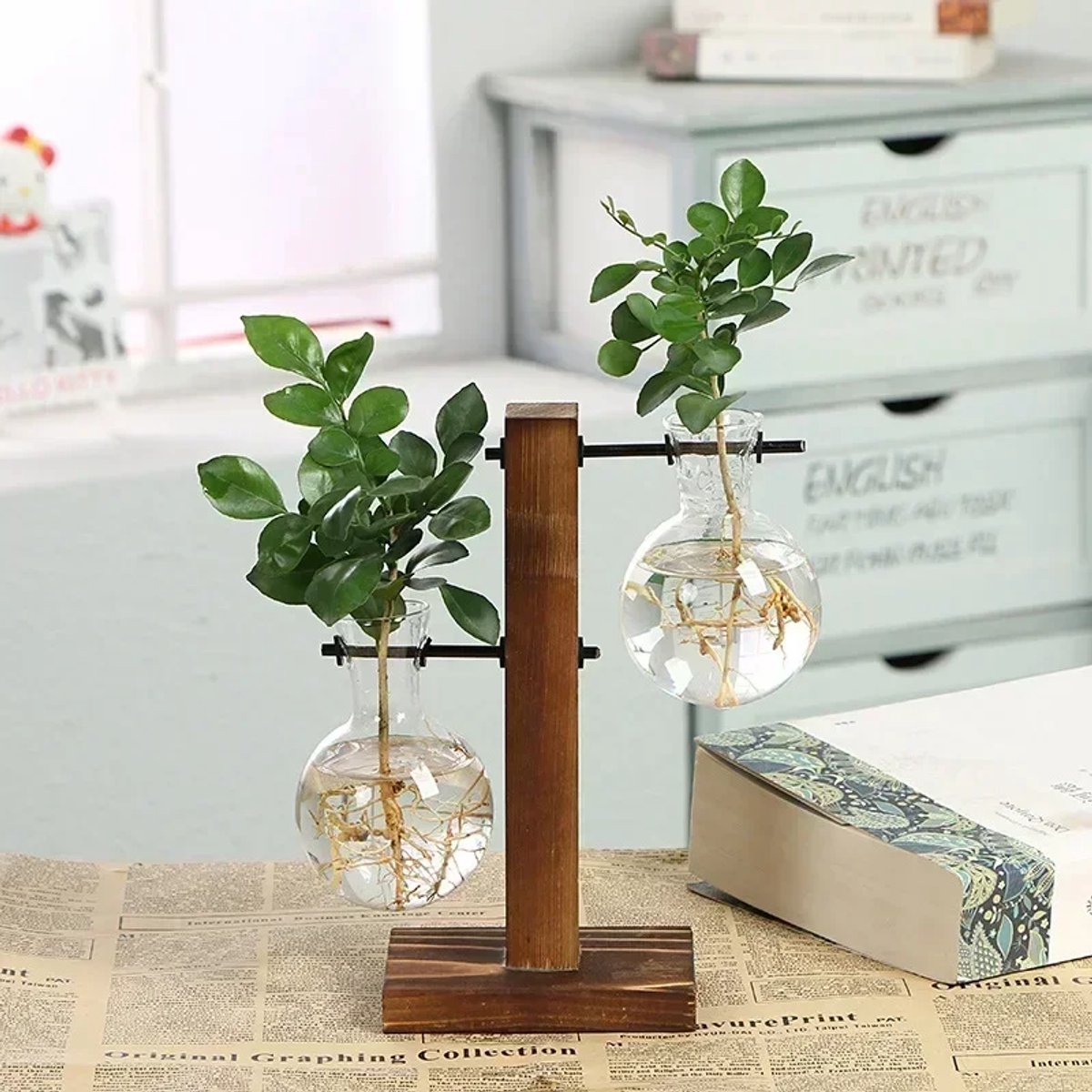 BukkitBow - Stekstation met 2 Glazen Vazen - Houten Planten Stekken Houder - Decoratie - Binnen & Buiten