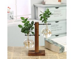 BukkitBow - Stekstation met 2 Glazen Vazen - Houten Planten Stekken Houder - Decoratie - Binnen & Buiten