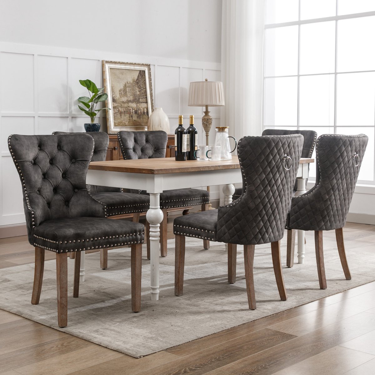 HAUSS SPOLE Eetkamerstoel - Fluwelen Beklede Stoel Met Siernagels En Trekknop - Voor Eethoek En Woonkamer - Rubberhout - Grijs - 53x46,5x95 Cm
